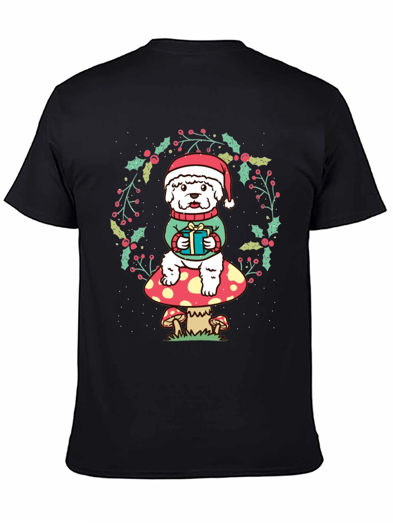 Festive Dog on Mushroom Christmas T-Shirt