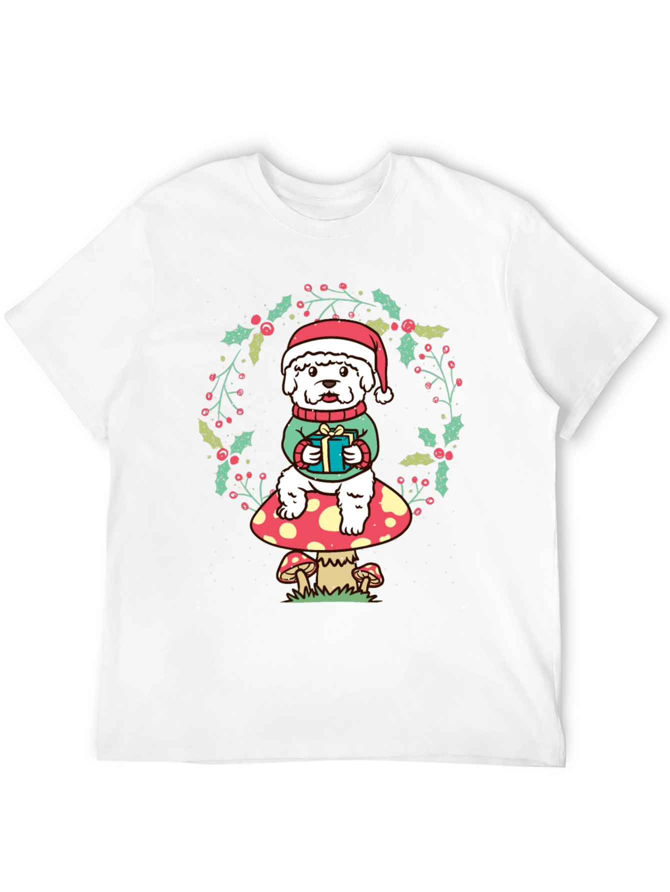 Festive Dog on Mushroom Christmas T-Shirt