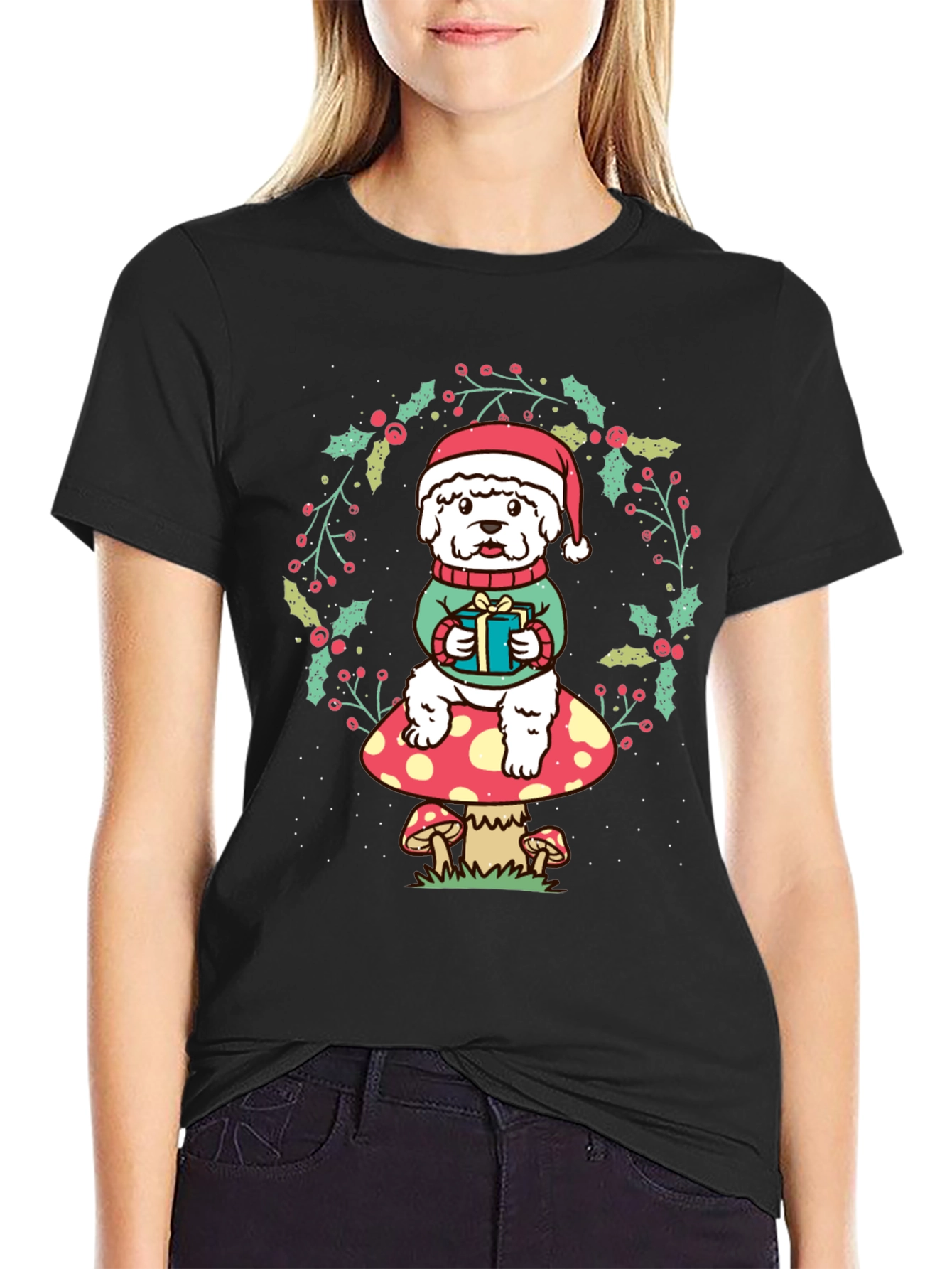 Festive Dog on Mushroom Christmas T-Shirt
