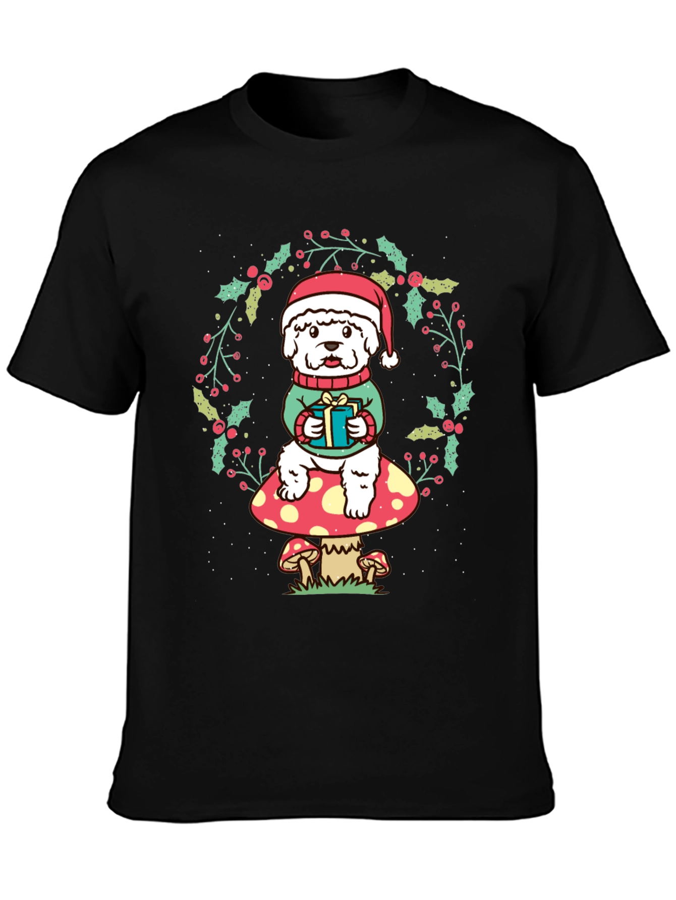 Festive Dog on Mushroom Christmas T-Shirt