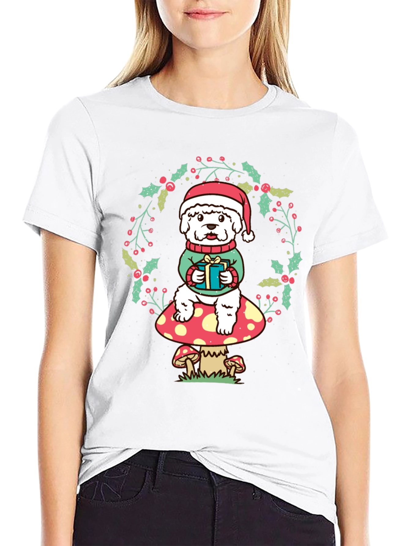 Festive Dog on Mushroom Christmas T-Shirt