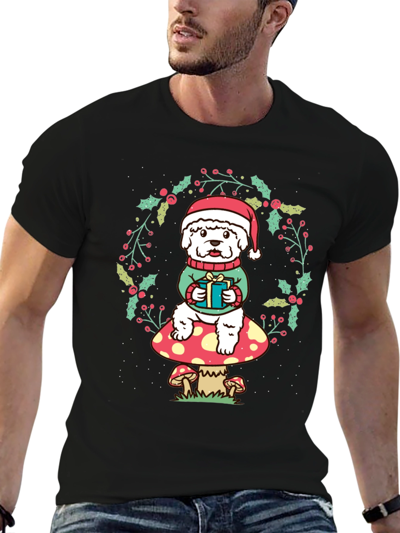 Festive Dog on Mushroom Christmas T-Shirt