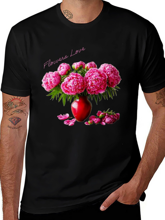 Floral Love Black Tee - Elegant Flower Vase Print