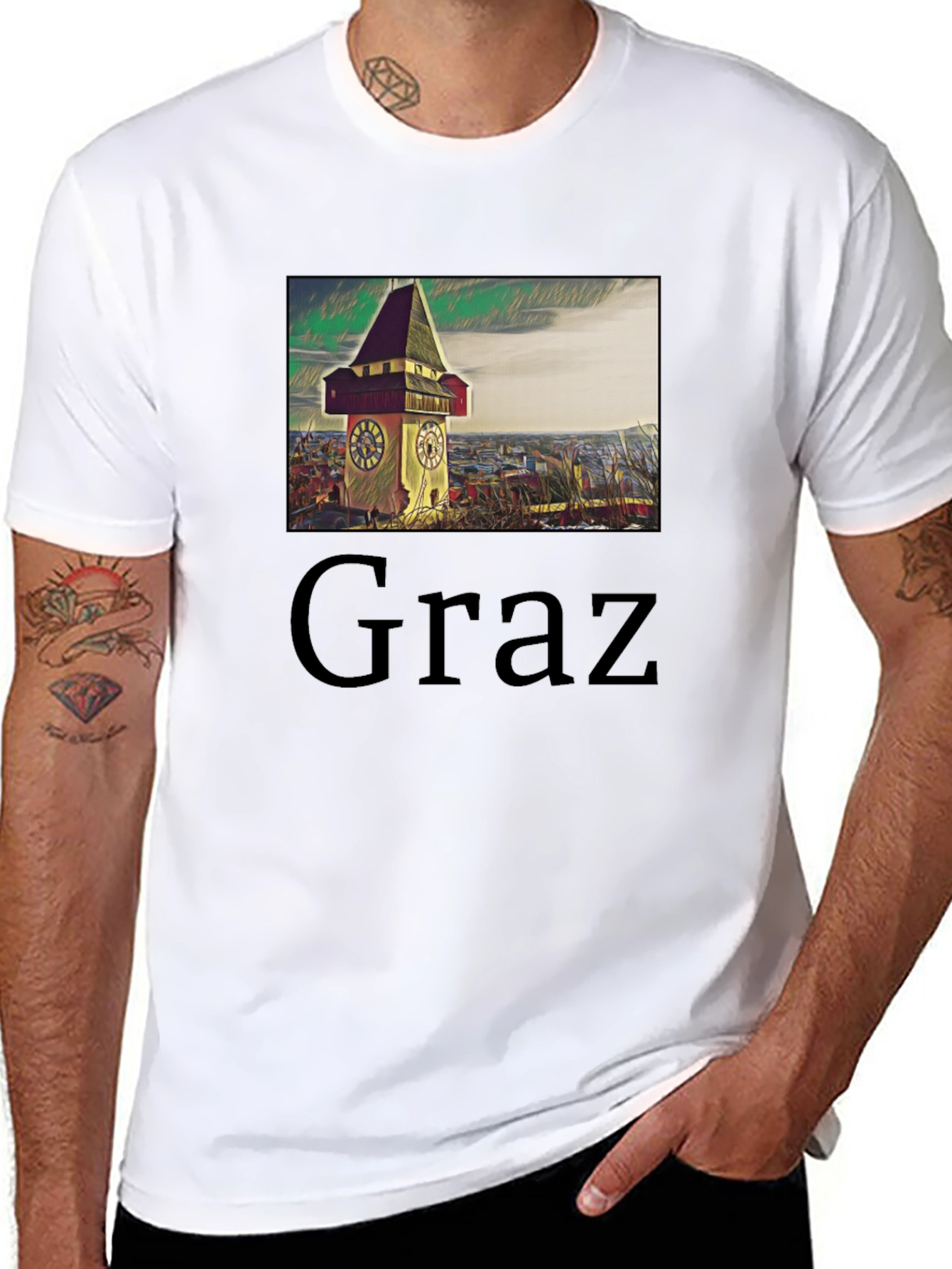 Graz Clock Tower Graphic Tee - Unique Travel Souvenir