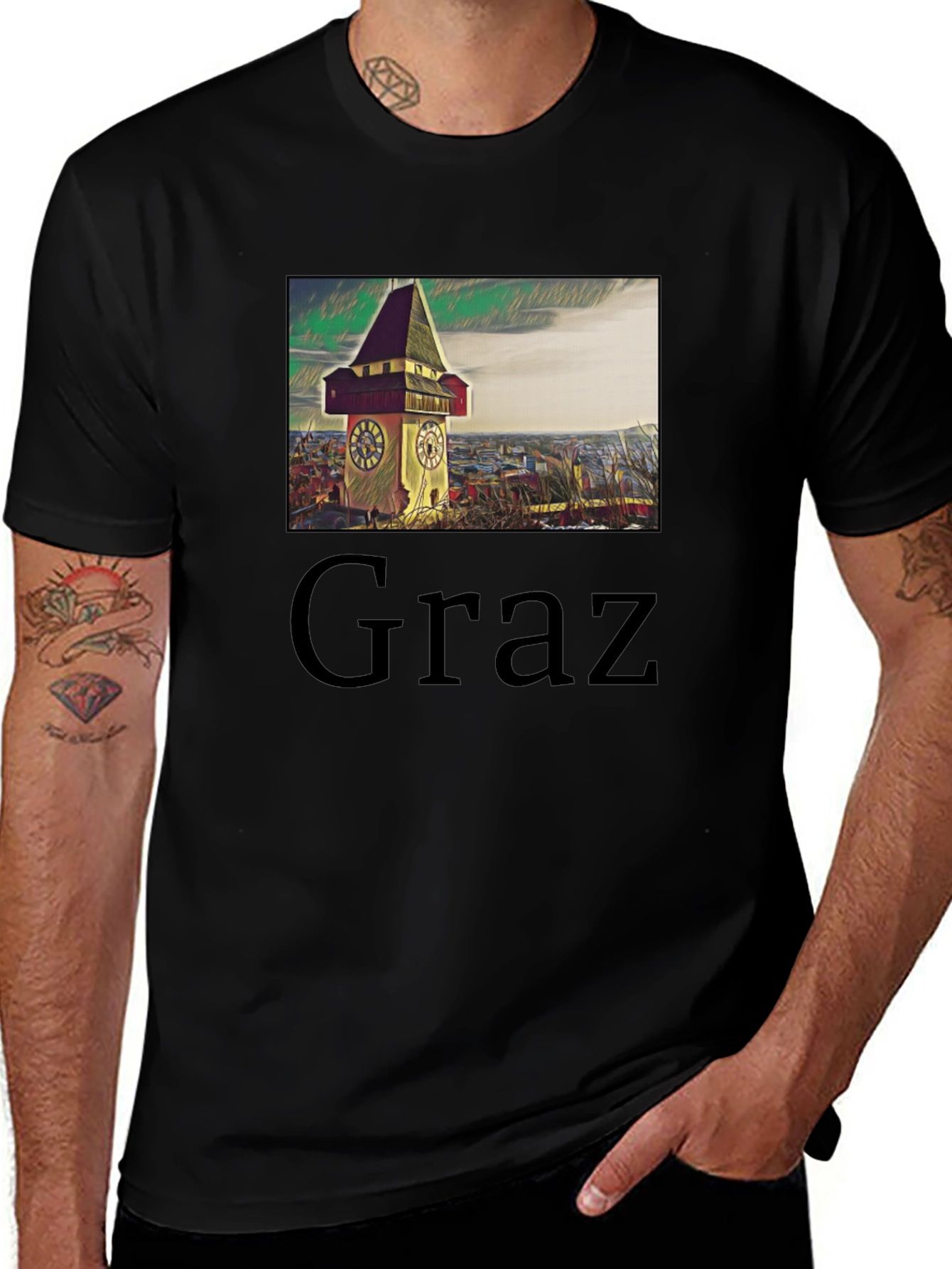 Graz Clock Tower Graphic Tee - Unique Travel Souvenir