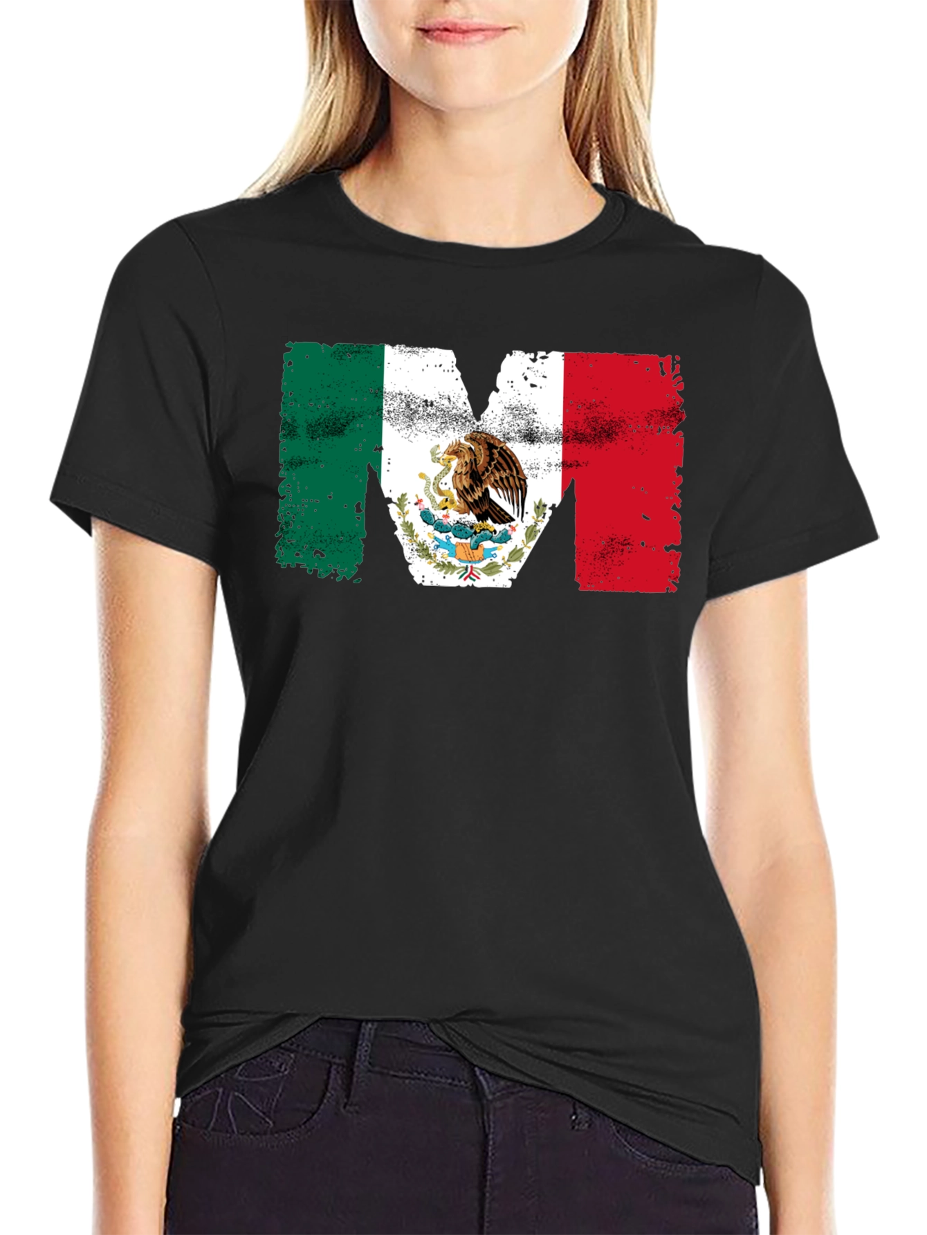 Mexican Flag M Mens Black T-Shirt
