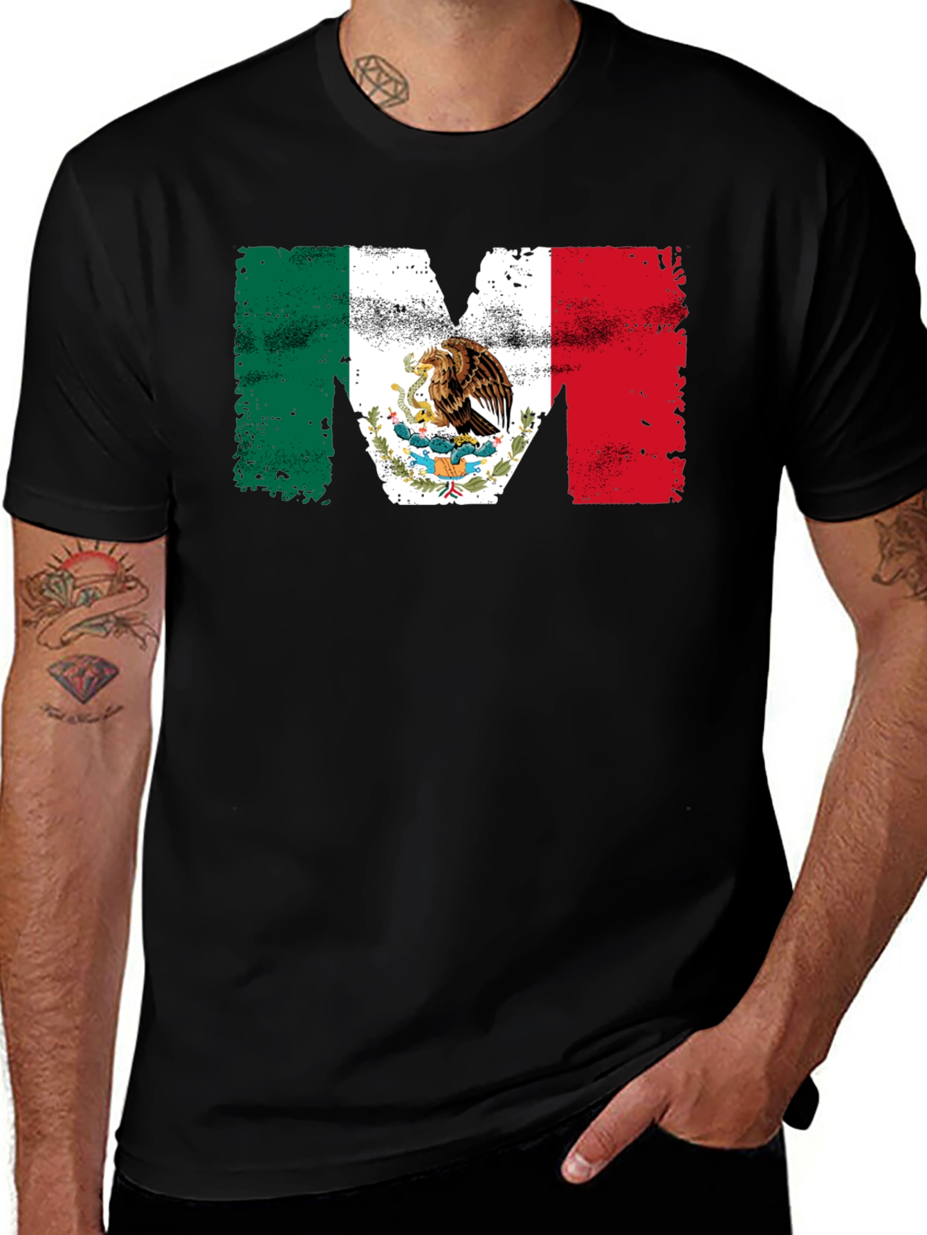 Mexican Flag M Mens Black T-Shirt
