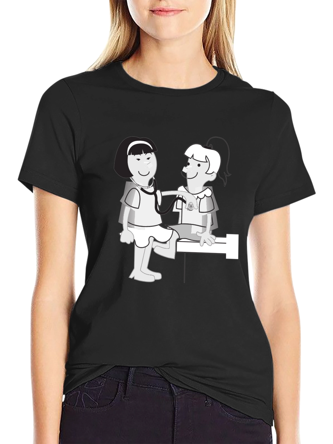 Cartoon Nurse Graphic T-Shirt - Classic Crew Neck