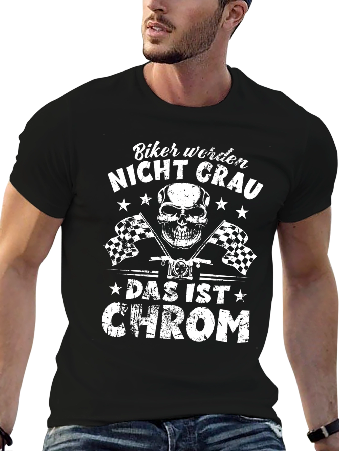 Biker Nicht Grau T-Shirt - Skull & Checkered Flags