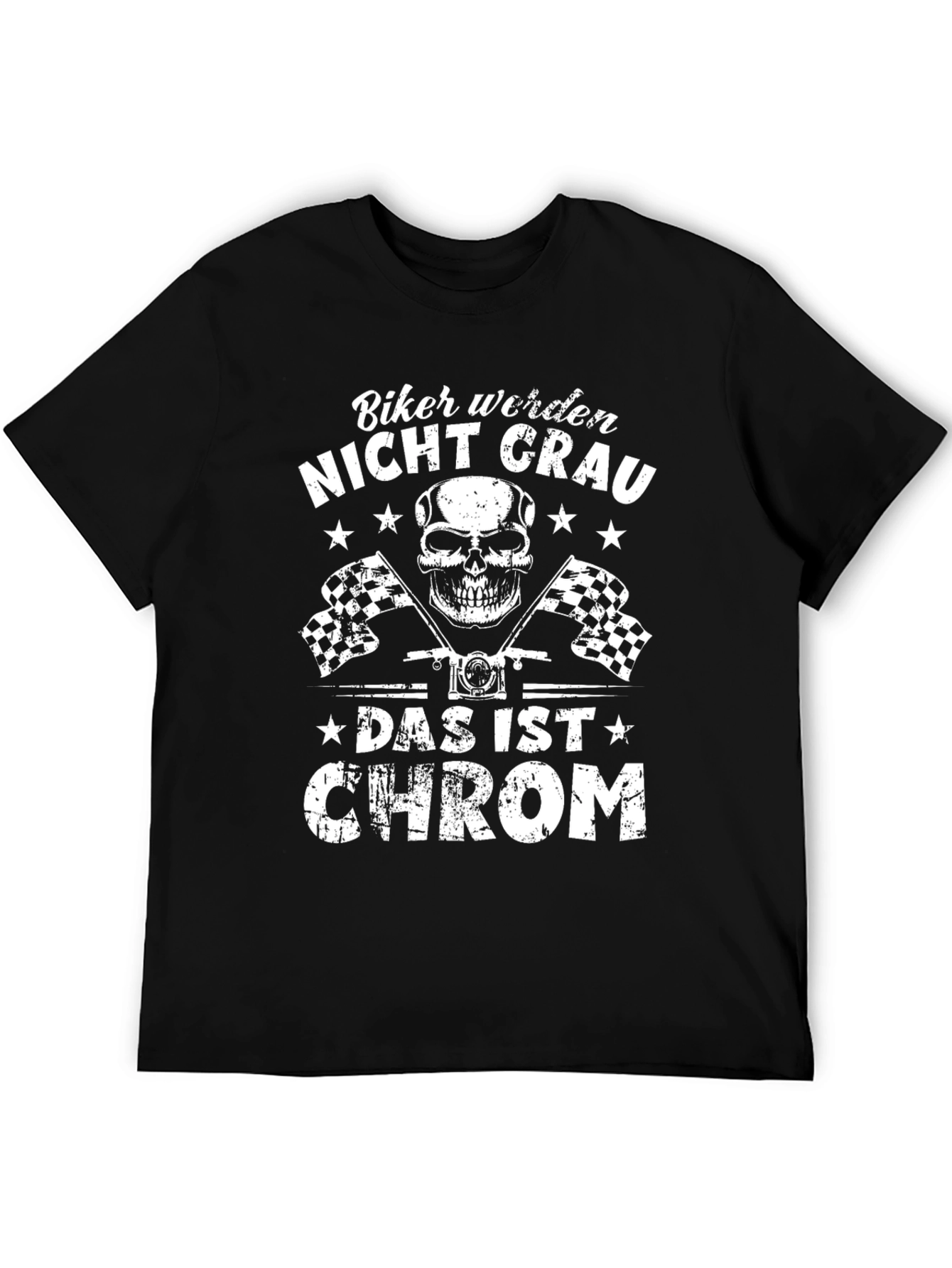 Biker Nicht Grau T-Shirt - Skull & Checkered Flags
