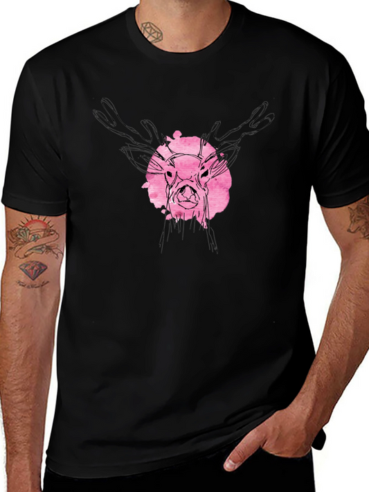Deer Watercolor Graphic Tee - Black Cotton Blend