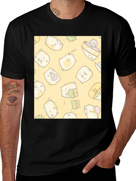 Kawaii Character Pattern T-Shirt - Black