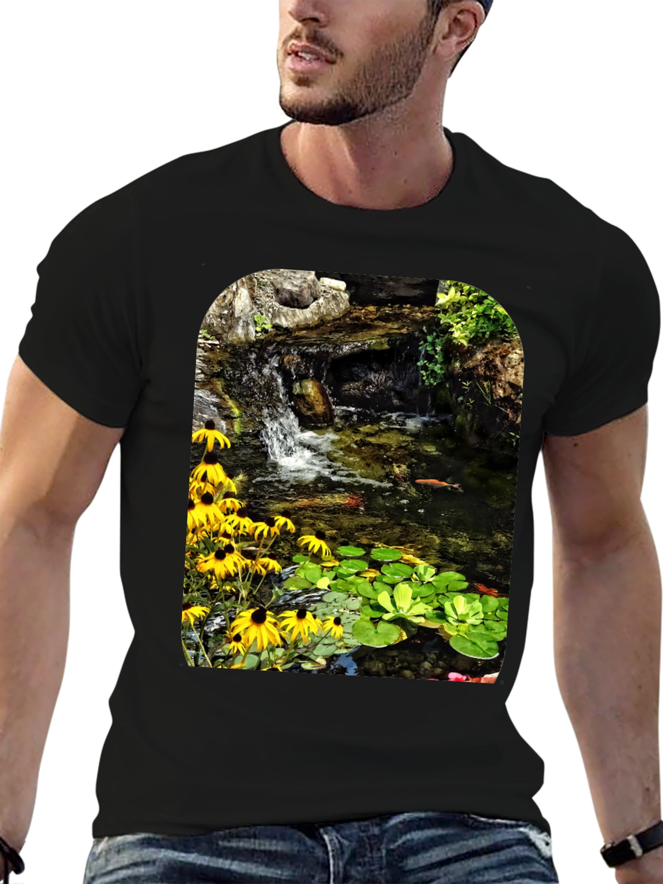 Koi Pond Waterfall Black T-Shirt
