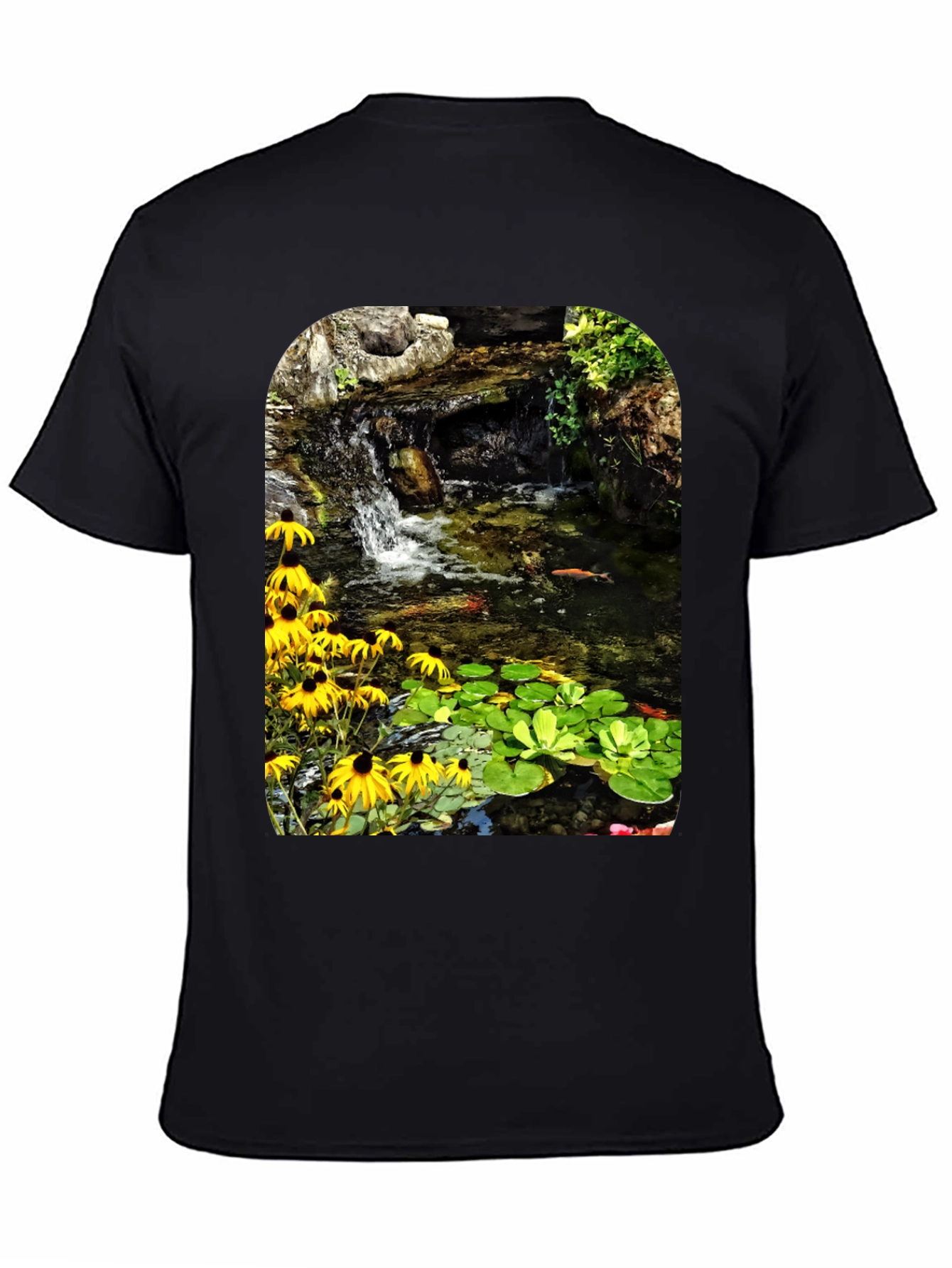 Koi Pond Waterfall Black T-Shirt