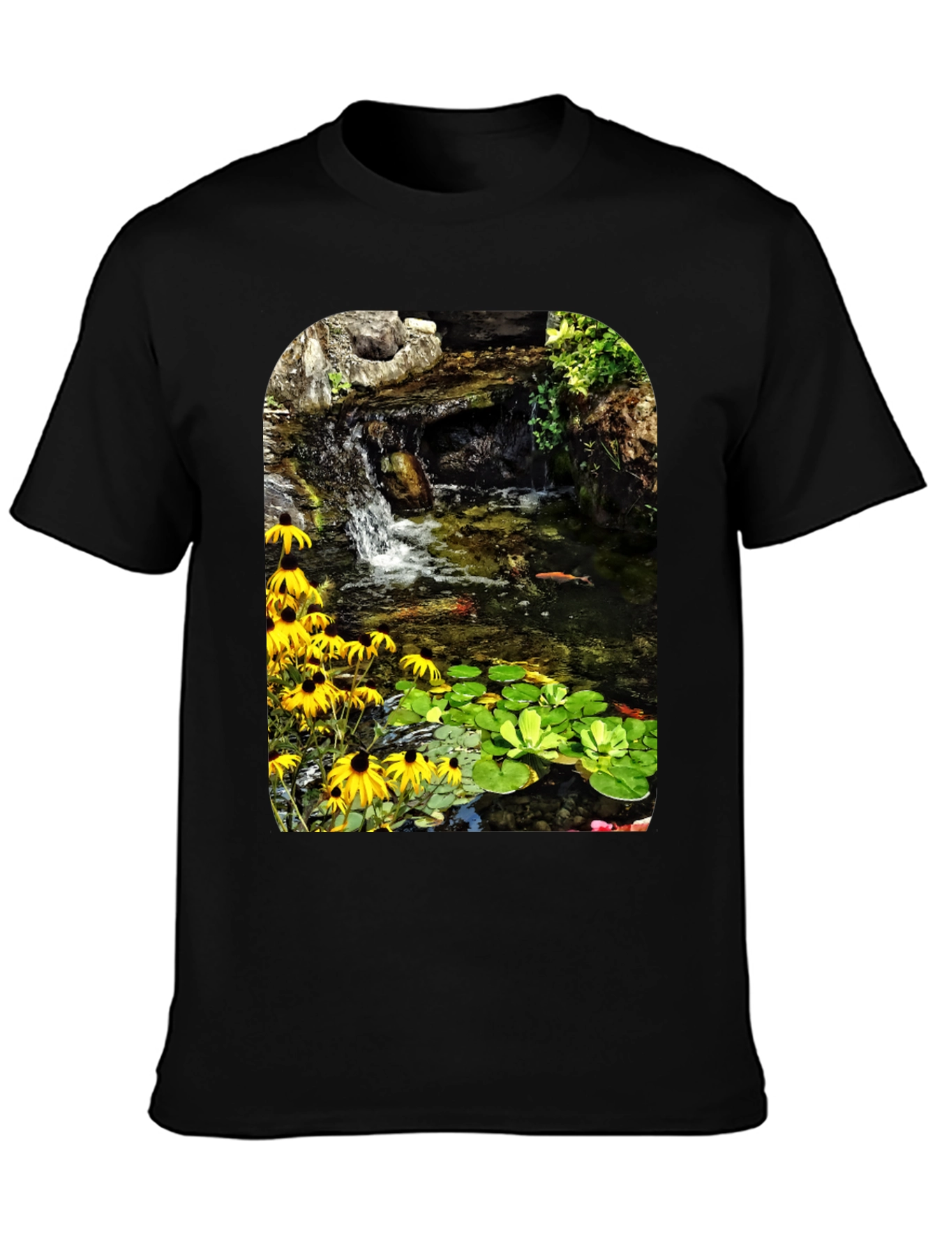 Koi Pond Waterfall Black T-Shirt
