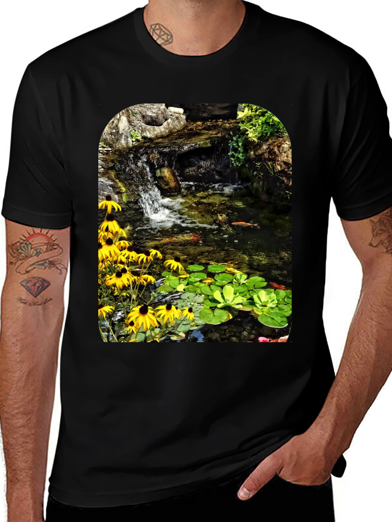 Koi Pond Waterfall Black T-Shirt