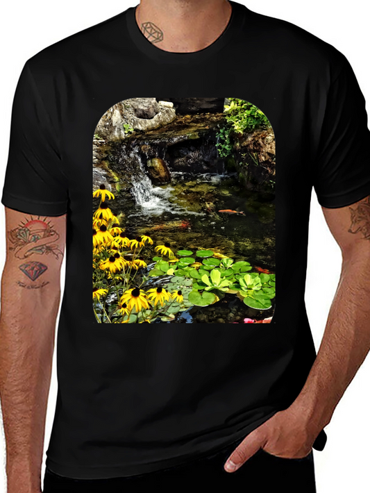 Koi Pond Waterfall Black T-Shirt