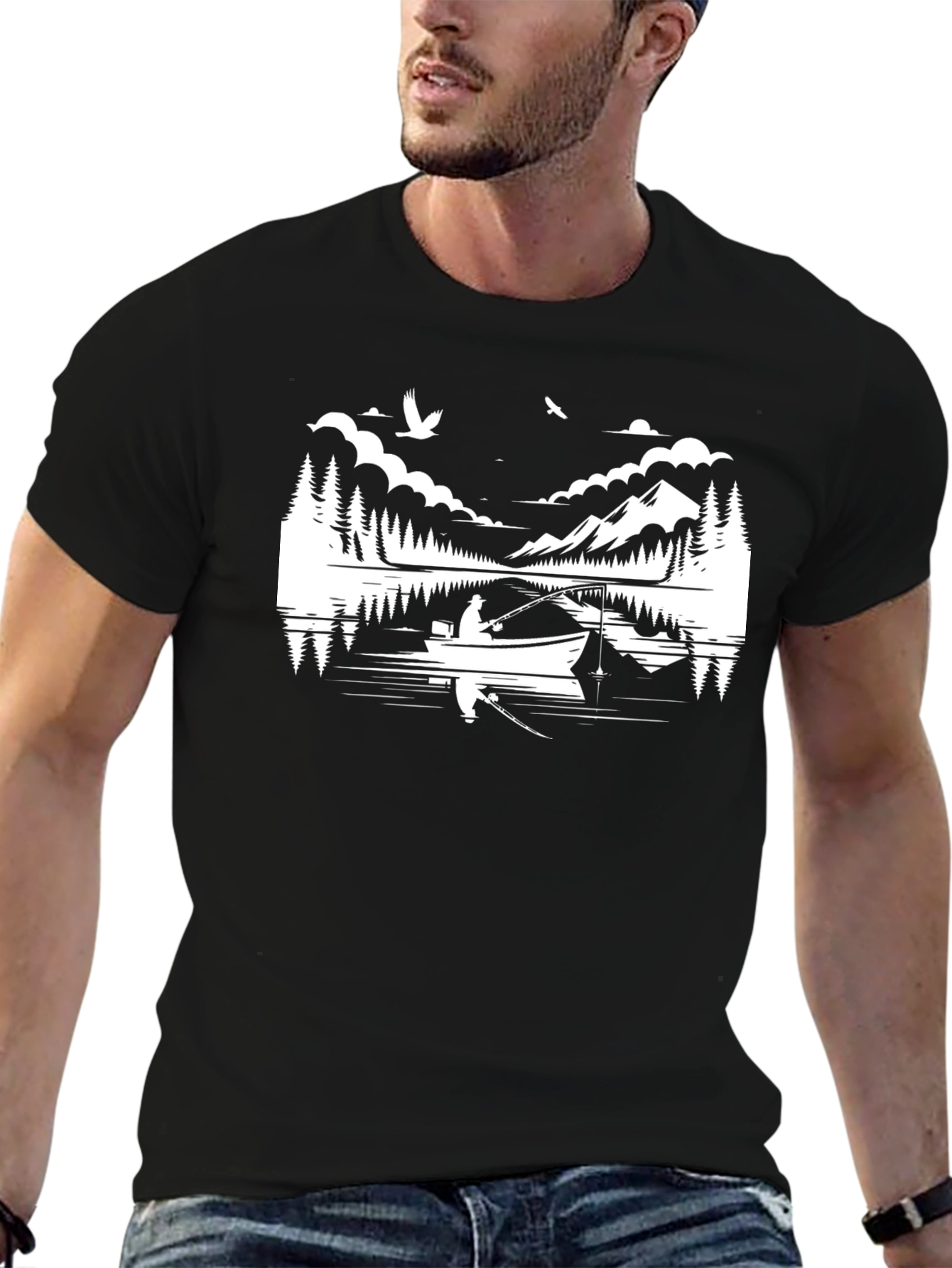Fishing Boat Graphic Tee - Black Cotton T-Shirt