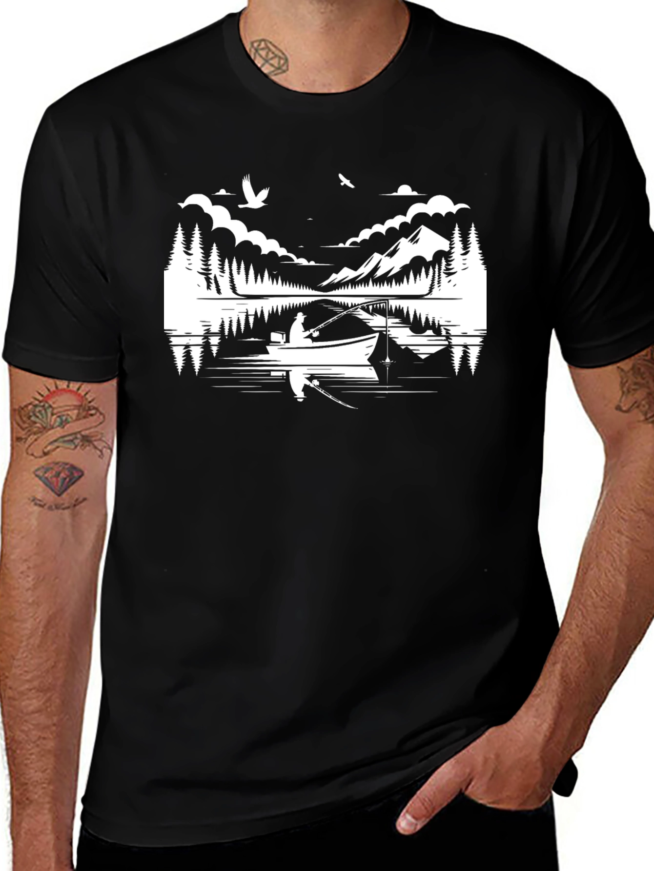 Fishing Boat Graphic Tee - Black Cotton T-Shirt