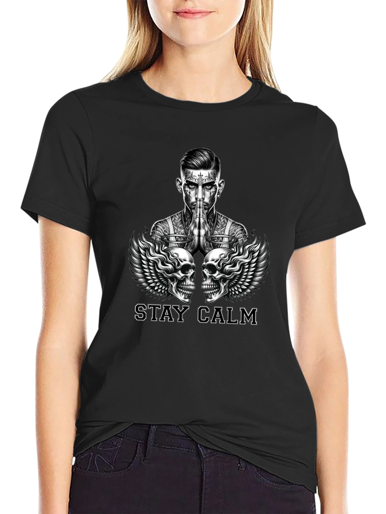 Stay Calm Tattoo Skull Graphic Black T-Shirt