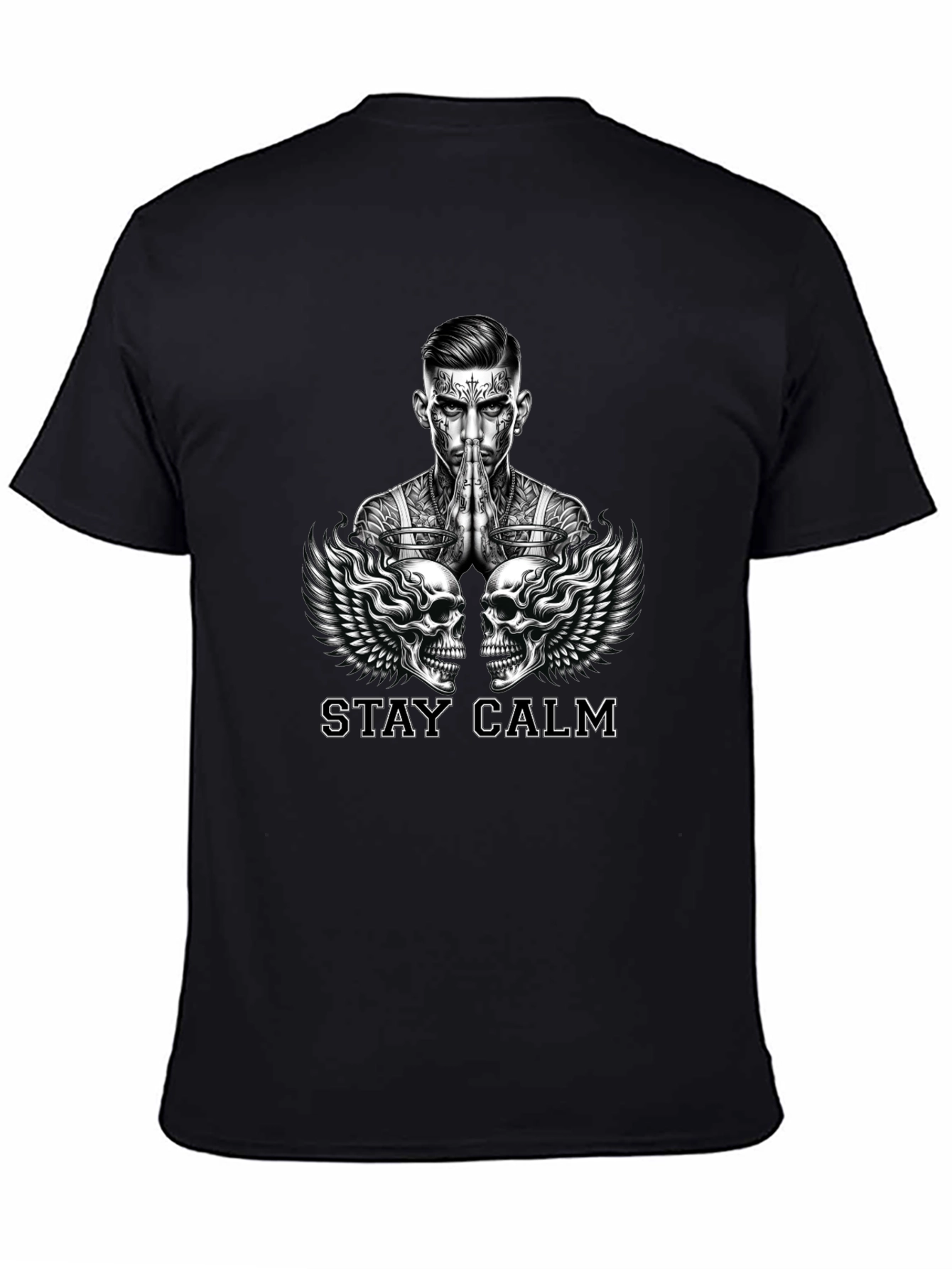 Stay Calm Tattoo Skull Graphic Black T-Shirt