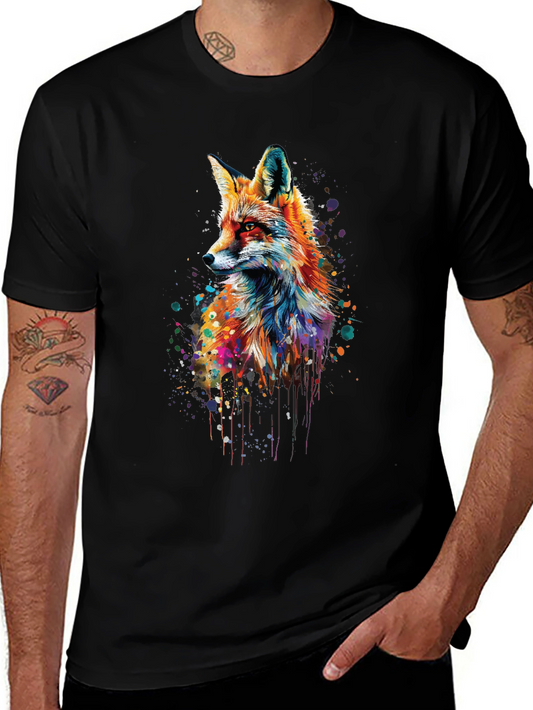 Colorful Fox Graphic Print Black T-Shirt