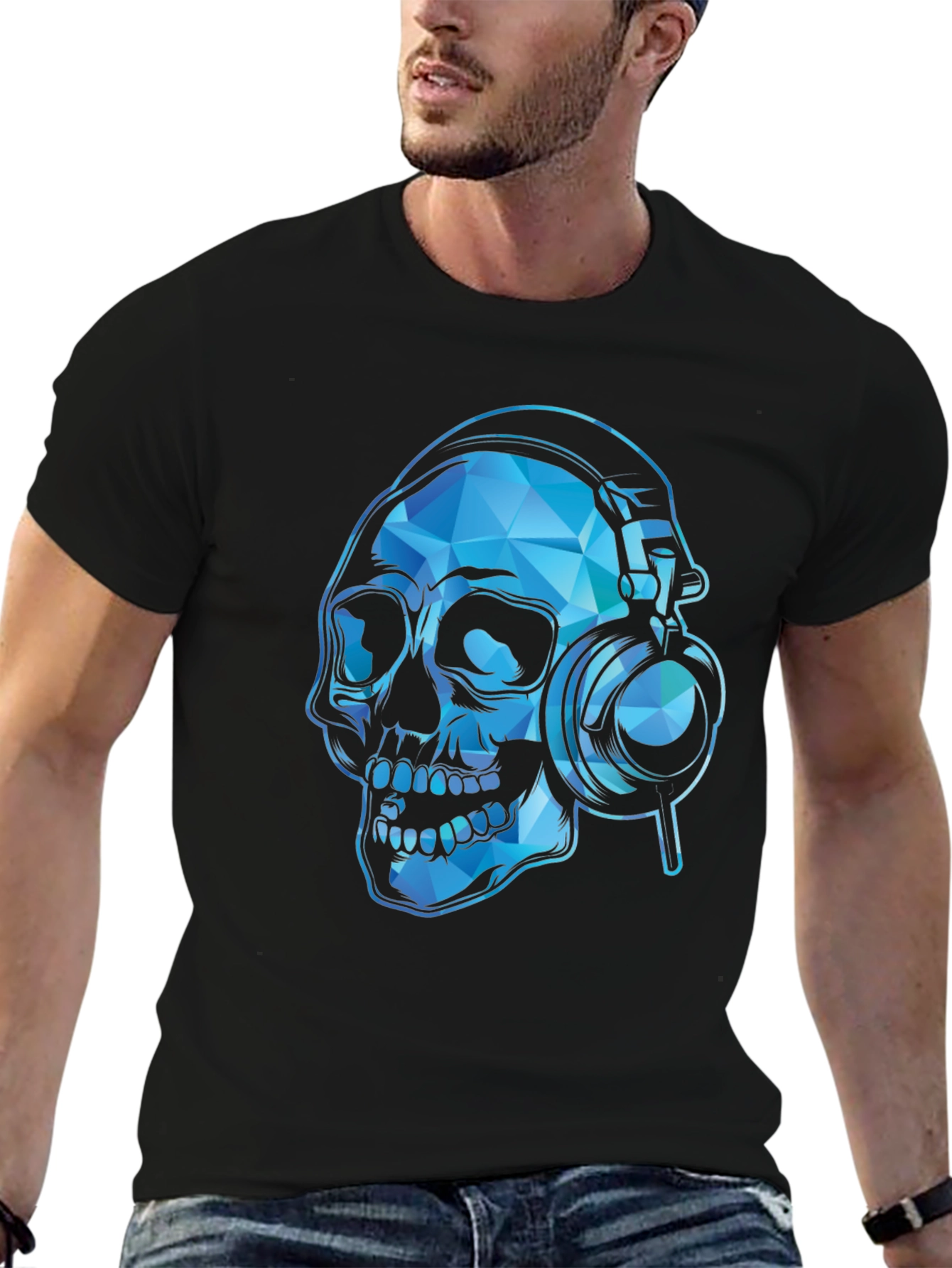 Skull with Headphones Graphic Tee - Black