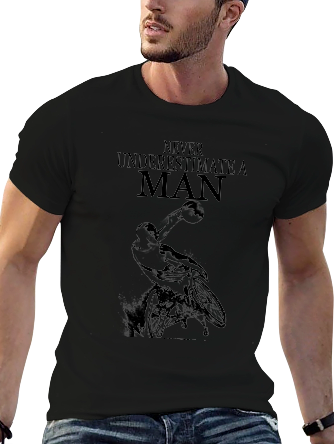 Never Underestimate a Man T-Shirt - Basketball Design