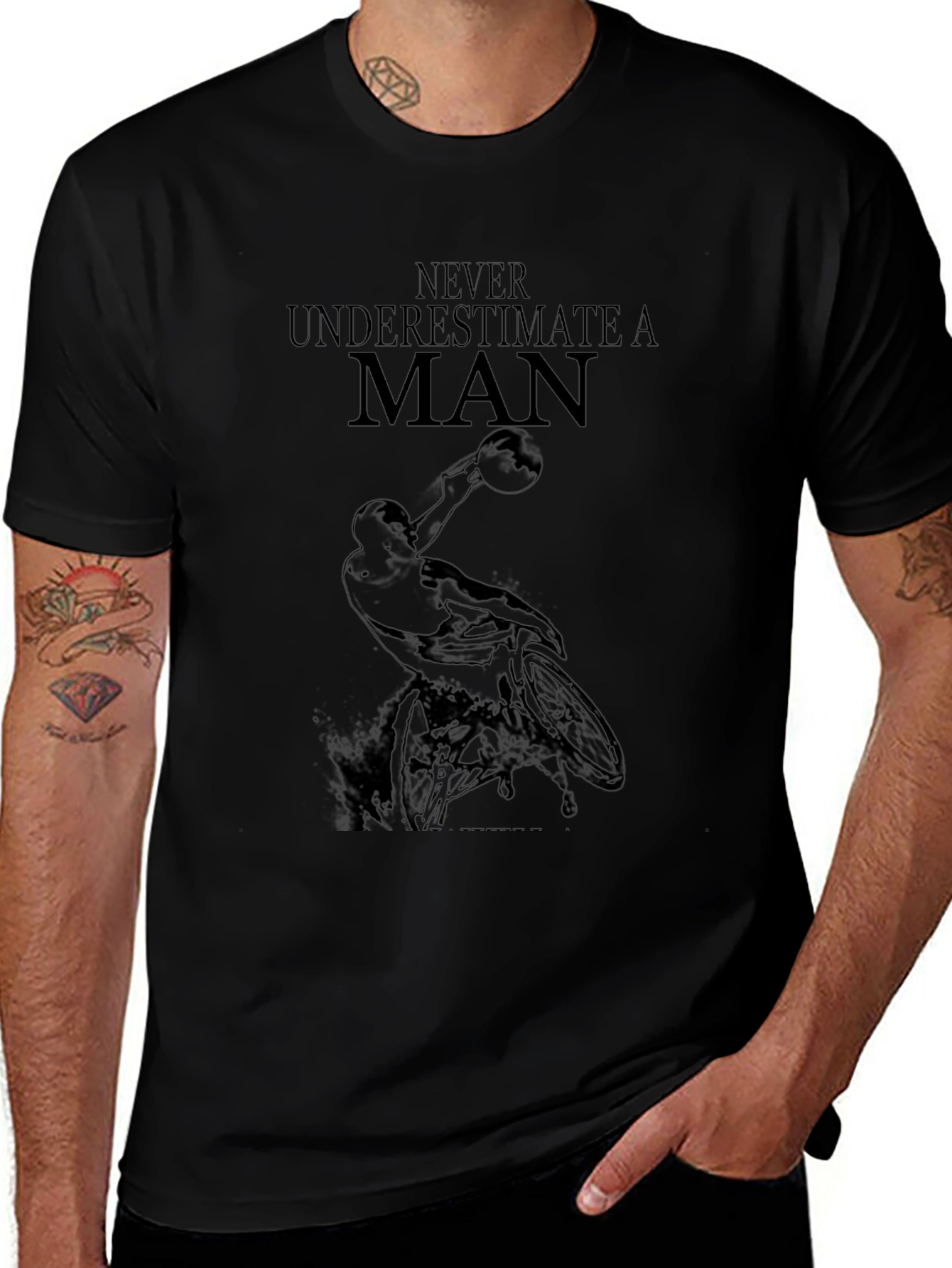 Never Underestimate a Man T-Shirt - Basketball Design