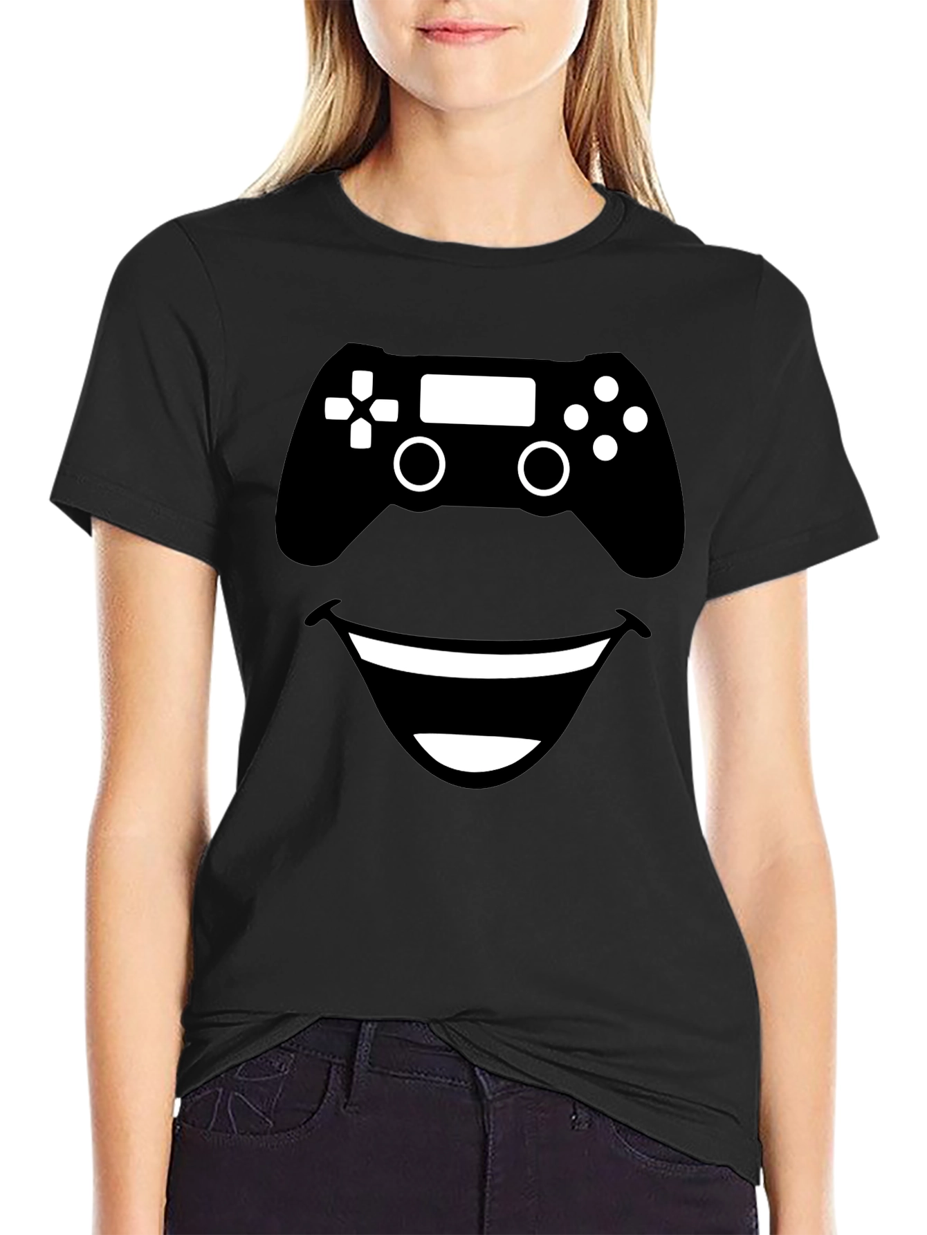 Gamer Smile Black T-Shirt - Funny Controller Design