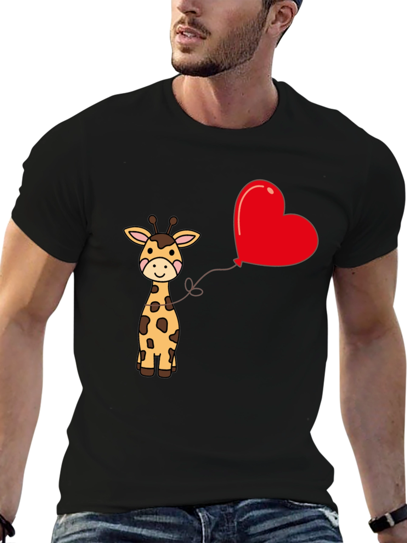 Giraffe Heart Balloon Graphic Tee - Cute Black T-Shirt