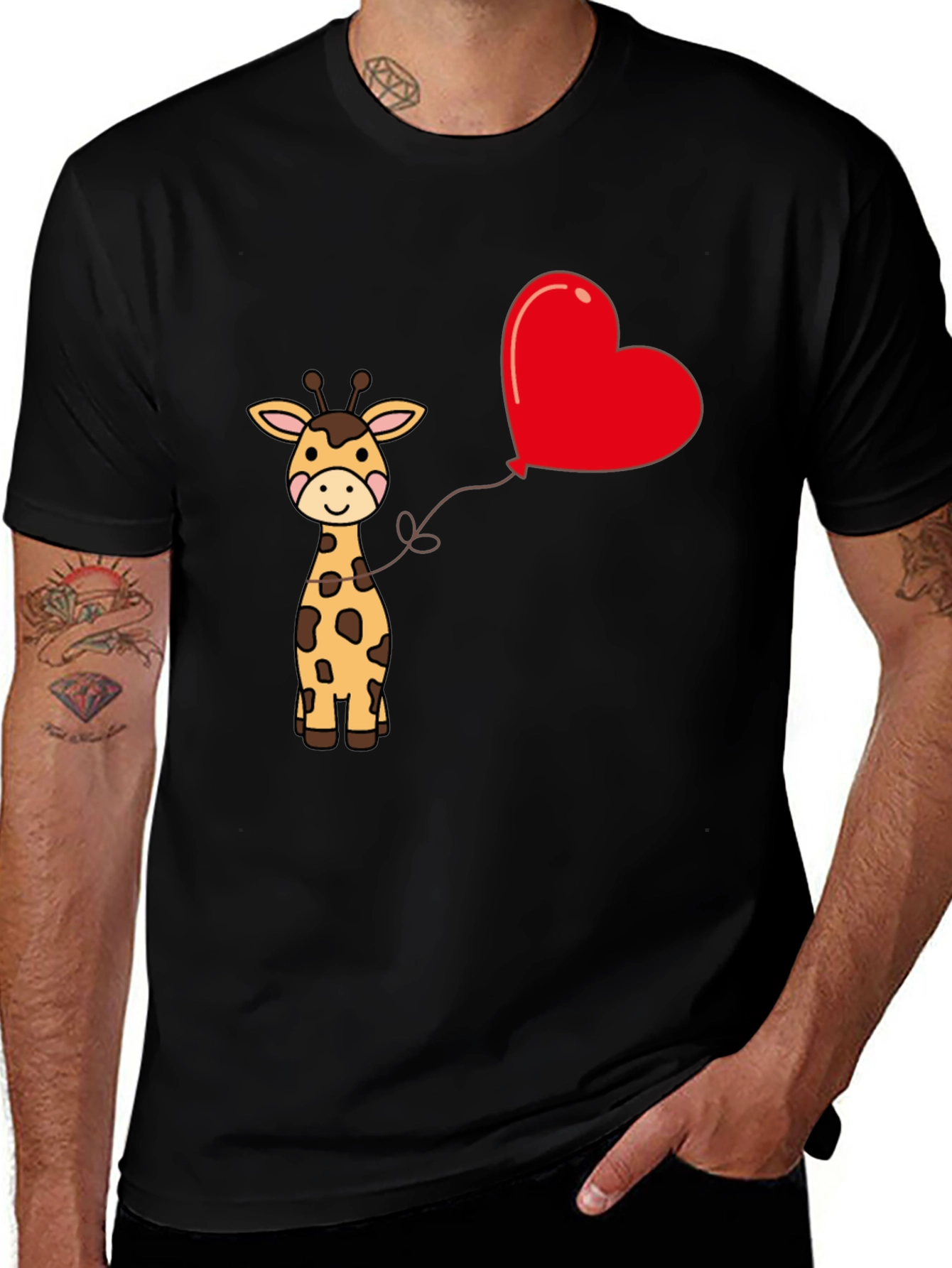 Giraffe Heart Balloon Graphic Tee - Cute Black T-Shirt