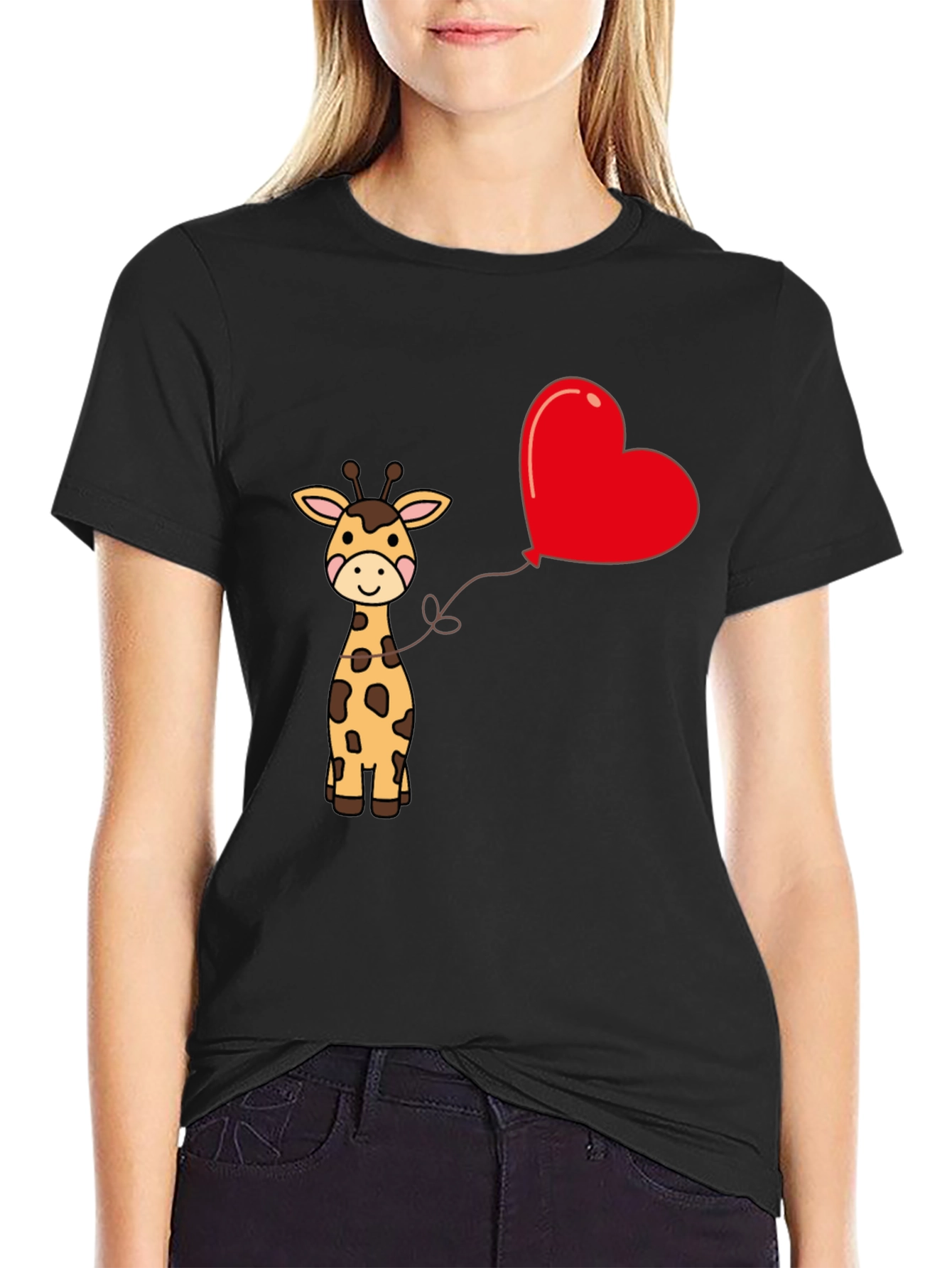 Giraffe Heart Balloon Graphic Tee - Cute Black T-Shirt