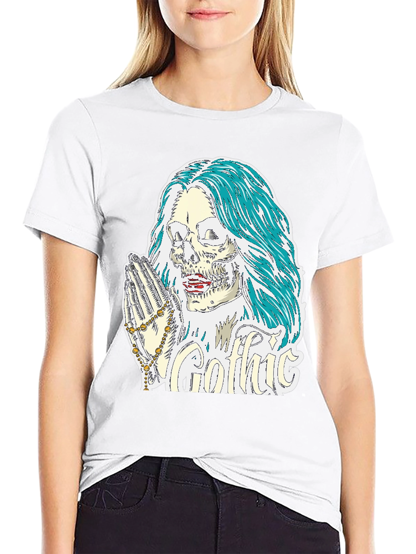 Gothic Skull Graphic Tee - Praying Skeleton