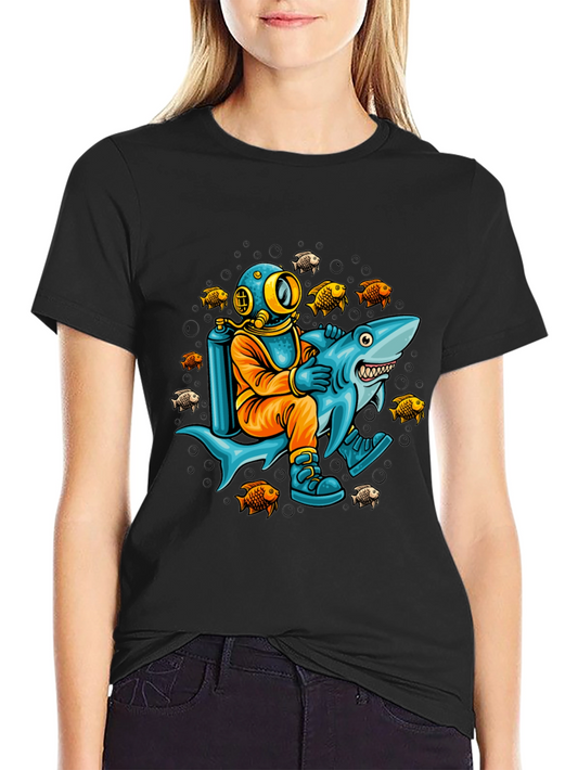 Diver Riding Shark Graphic Tee - Unique Design