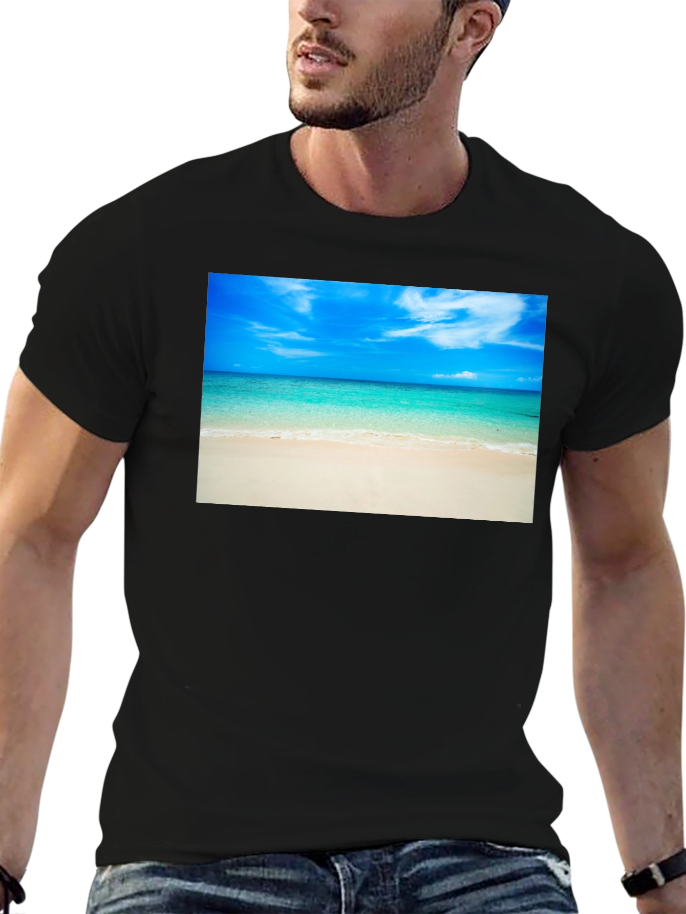 Tropical Beach Scene Black T-Shirt