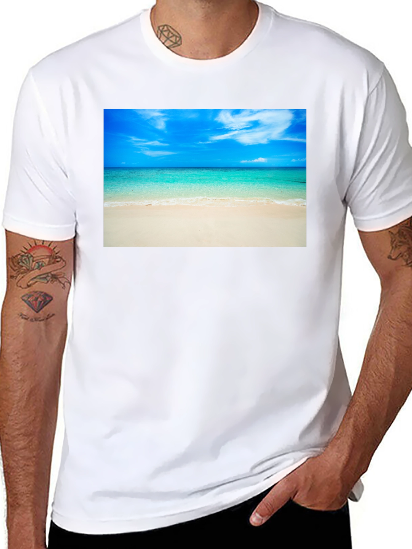 Tropical Beach Scene Black T-Shirt