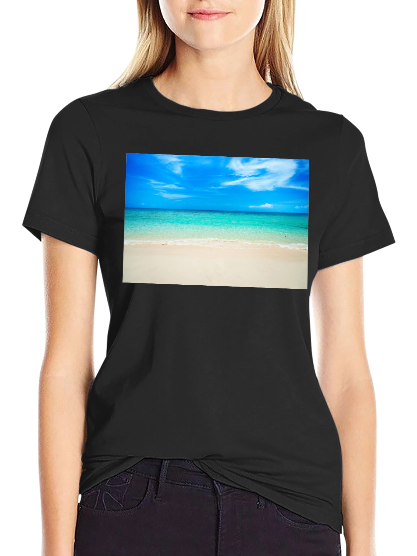 Tropical Beach Scene Black T-Shirt
